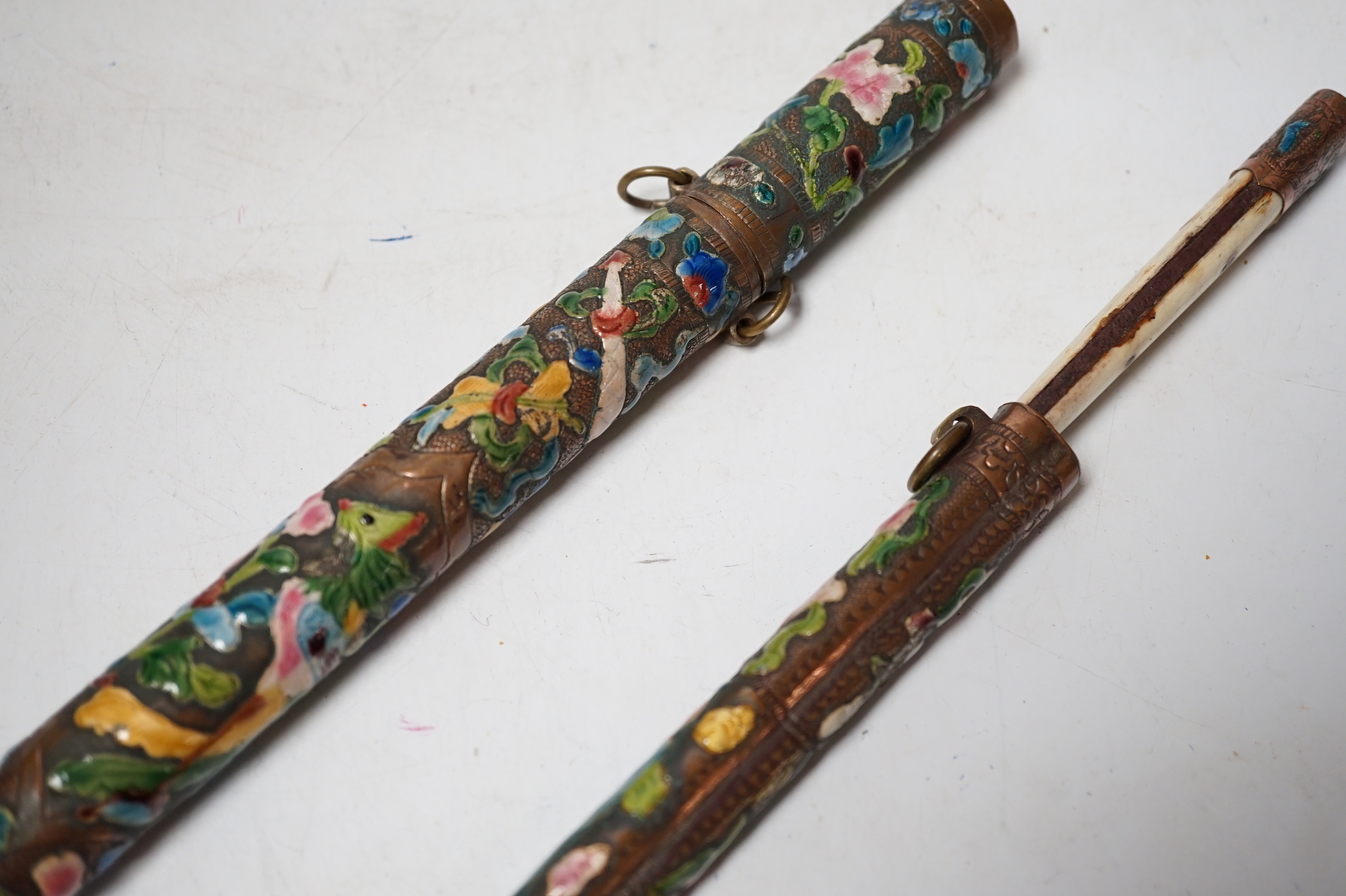 Two Chinese enamelled metal chopstick and knife cases, early 20th century, tallest 10.5cm high